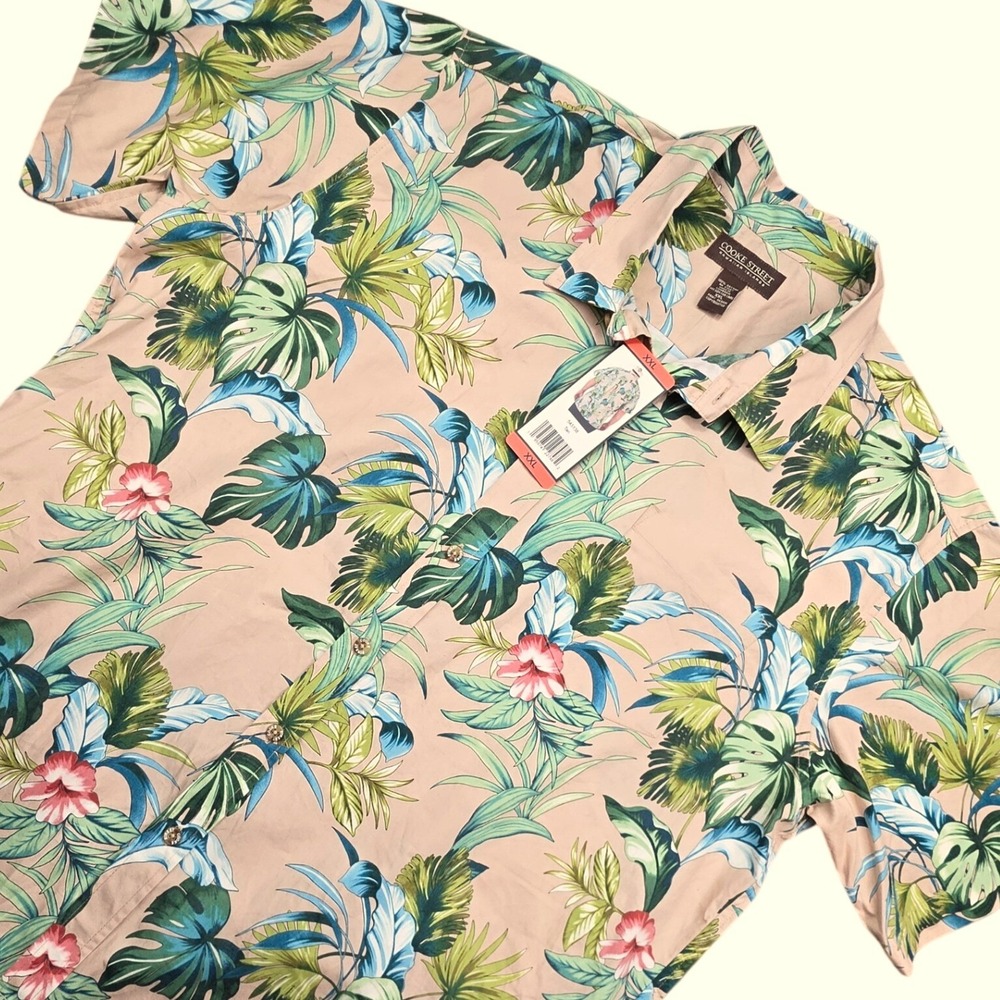 Cooke Street Mens XXL Tan Tropical Floral Monstera Leaf Cotton Aloha Shirt NWT